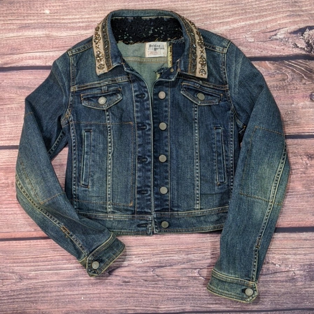 Holding Horses jean jacket beaded colar